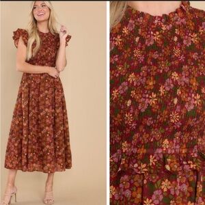 Olivia James The Label Lila Wildflower Rosewood Cotton Smocked Midi Dress, Small